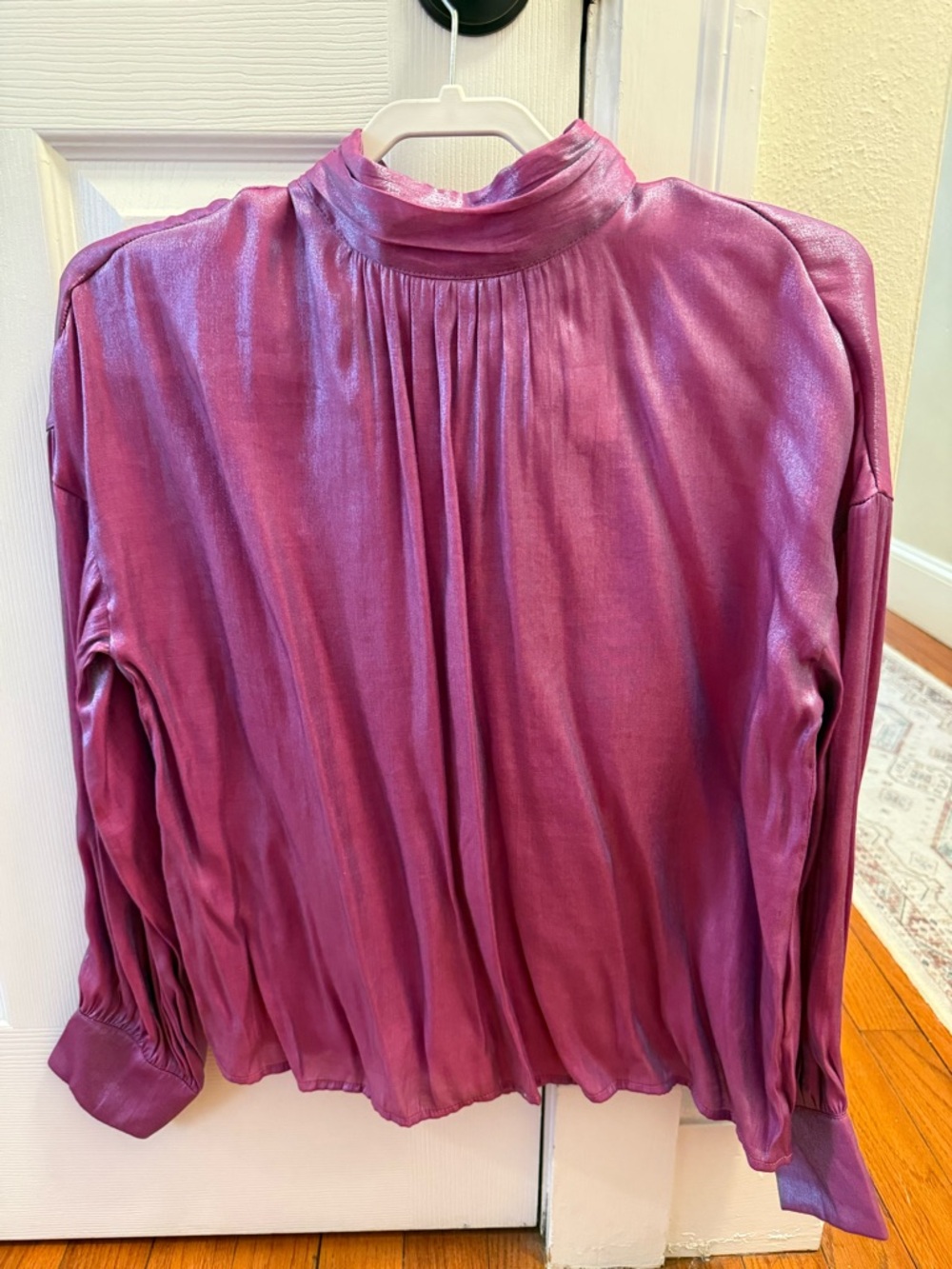 Fate Women's Shimmery Plum Long-Sleeve Mock Neck Blouse